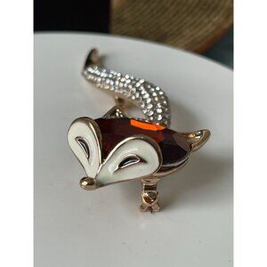 Elegant Rhinestone & Enamel Fox Brooch With Red Crystal Accent - Fashion Jewelry